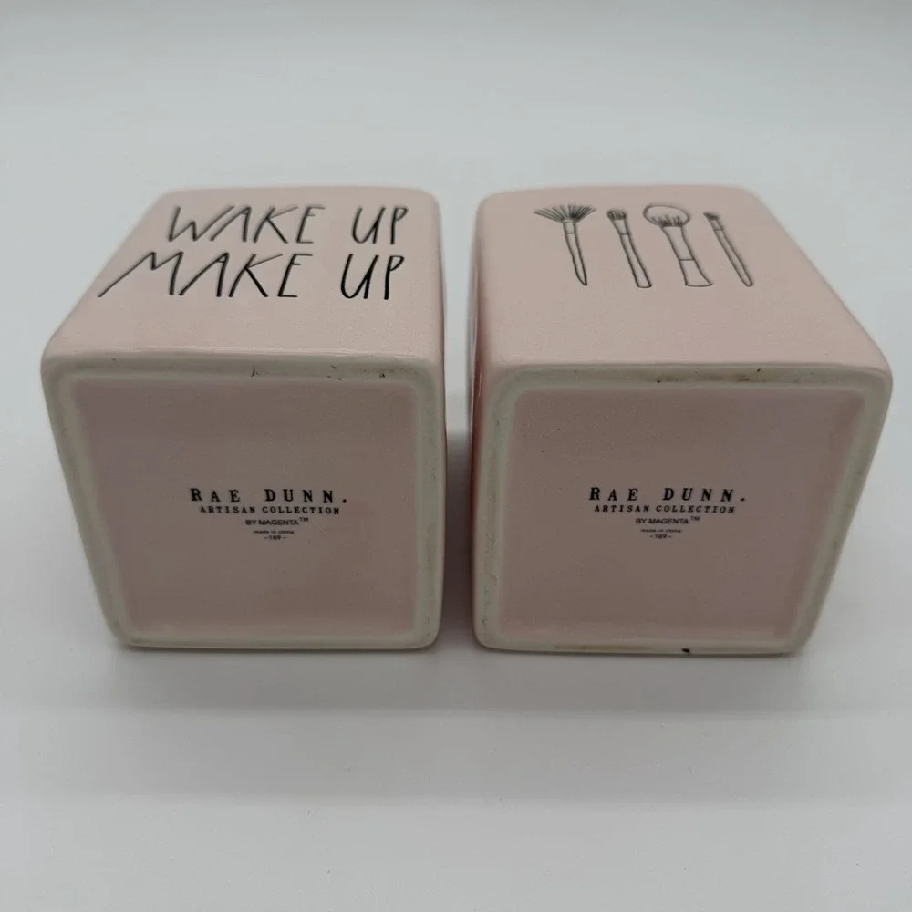 RAE DUNN WAKE UP MAKE UP Brush Holders Vanity BATH Bathroom 2PC Set NEW